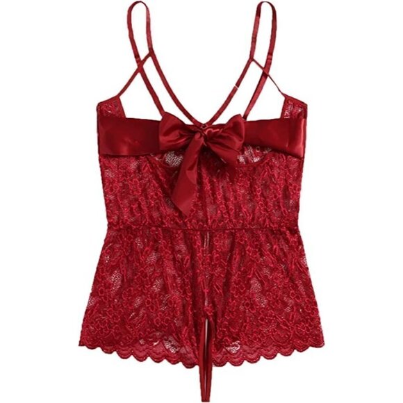 Front Bow Cover Red Teddy Lingerie One Piece Floral Lace Bodysuit Babydoll NWT - Picture 4 of 9